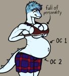 anthro arrow_sign baryonyx bent_arm big_breasts biped blue_body blue_hair blue_scales bottomwear bra breasts clothing dinosaur english_text eyes_closed facial_tattoo female grey_eyes hair midriff multicolored_body multicolored_scales navel nick_(gvh) non-mammal_breasts pattern_bottomwear pattern_clothing pattern_skirt plaid plaid_bottomwear plaid_clothing plaid_skirt pregnant reptile scales scalie short_hair side_view simple_background skirt smile solo spiked_tail spikes spikes_(anatomy) spinosaurid tail tattoo teeth text theropod two_tone_body two_tone_scales underwear unknown_artist wide_hips