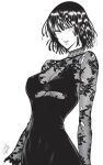  1girl absurdres artist_name breasts commentary dress floral_print fubuki_(one-punch_man) greyscale highres long_sleeves looking_at_viewer medium_breasts monochrome mostlybluewyatt one-punch_man parted_lips short_hair signature simple_background smile solo upper_body white_background 