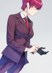  1girl bangs bazett_fraga_mcremitz black_gloves breasts collared_shirt doushimasho dress_shirt earrings fate/grand_order fate/hollow_ataraxia fate_(series) gloves grey_pants grey_suit highres jewelry large_breasts long_sleeves necktie official_art pants parted_bangs purple_hair red_eyes red_necktie shirt short_hair single_glove solo white_shirt 