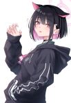  1girl :d animal_ears black_choker black_hair black_hoodie blue_archive blunt_bangs blunt_ends blush bob_cut cat_ears choker claw_pose colored_inner_hair commentary_request extra_ears eyes_visible_through_hair fingernails from_side hair_behind_ear hair_ornament hairclip halo hand_in_pocket hand_up happy highres hood hood_down hoodie kazusa_(blue_archive) looking_at_viewer multicolored_hair open_mouth pink_eyes pink_hair pink_halo short_hair sleeves_past_wrists slit_pupils smile solo sun translated tsurime upper_body white_background yamichi_(yamichi8369) 