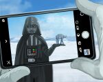  1boy amor at-at black_cape blue_sky cape cellphone cloud cloudy_sky darth_vader forced_perspective gloves happy helmet male_focus mosuke_2 phone pov pov_hands sky snow snowtrooper solo_focus standing star_wars star_wars:_the_empire_strikes_back taking_picture white_gloves 
