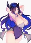  1girl armpits arms_behind_head black_hair blue_eyes blue_hair blush breasts broken_horn brown_dust_2 colored_inner_hair covered_navel demon_girl eclipse_(brown_dust_2) eyebrows_hidden_by_hair feet_out_of_frame groin hair_over_one_eye horn_ornament horn_ring horns large_breasts leotard long_hair looking_at_viewer multicolored_hair purple_leotard ruzyeria sideboob simple_background smile solo two-tone_hair white_background 