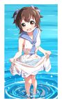  1girl akagi_miria bare_arms bare_legs blush bow breasts brown_hair commentary_request dress hair_bow highres idolmaster idolmaster_cinderella_girls looking_at_viewer medium_hair refraction sailor_dress skirt_basket sleeveless sleeveless_dress small_breasts smile solo two_side_up wading water yairo_ju 