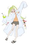  1girl ahoge arm_up candy coat collared_shirt flask food food_in_pocket full_body gauze_on_knee glasses green_hair highres jelly_bean lab_coat long_hair one_eye_closed open_mouth orange_shirt original round-bottom_flask sandals shirt simple_background sleeves_past_fingers sleeves_past_wrists smile solo sparkling_eyes sycisycii test_tube twintails very_long_hair white_background white_coat 