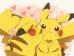  blush brown_eyes closed_mouth frown heart heart_tail highres kiss kissing_cheek no_humans pikachu pokemon pokemon_(creature) roku_(rokkrn) sweat tail twitter_username yellow_fur 