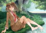  1girl bag bare_legs barefoot brown_hair brown_headwear brown_jacket brown_shorts cabbie_hat closed_mouth commentary_request day eyebrows_visible_through_hair flat_cap forest grass happy hat highres jacket kisaragi_yuri lake long_sleeves looking_at_viewer nature necktie no_wings outdoors pointy_ears red_necktie shameimaru_aya shameimaru_aya_(newsboy) short_hair shorts shoulder_bag sitting smile soles suit_jacket tie_clip toes touhou tree water 
