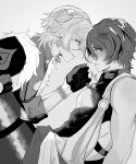  2boys aventurine_(honkai:_star_rail) bracelet chain chain_pull cleavage_cutout clothing_cutout crying dr._ratio_(honkai:_star_rail) drooling forehead-to-forehead gloves greyscale heads_together highres honkai:_star_rail honkai_(series) jewelry leg_grab male_focus monochrome multiple_boys short_hair tamani_kaku tears yaoi 