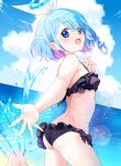  1girl arona_(blue_archive) ass bikini black_bikini blue_archive blue_eyes blue_hair blue_halo blue_sky bow_hairband cloud colored_inner_hair day frilled_bikini frills hair_over_one_eye hairband halo highres horizon looking_at_viewer looking_back multicolored_hair ocean okurarebito outdoors pink_hair short_hair sky smile solo splashing swimsuit white_hairband 