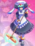  1girl apron black_dress black_helmet broom dress energy forehead_jewel full_body green_hair hat highres holding holding_broom long_hair looking_at_viewer mega_man_(series) mega_man_zx mob_cap model_w_(mega_man) nobuyu_(77yusei) pandora_(mega_man) pink_theme red_eyes smile solo white_apron white_hat zoom_layer 