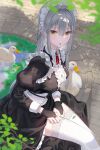  1girl bird blush breasts duck frilled_hairband frills hairband hand_on_own_leg hand_on_own_thigh highres kfr kneehighs large_breasts long_hair looking_at_viewer maid maid_headdress open_mouth original silver_hair sitting solo thighhighs white_hairband white_legwear yellow_eyes 