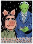  2023 amphibian anthro blue_clothing blue_jacket blue_topwear border bottomwear brown_eyes brown_hair bruce_mccorkindale clothing crossover domestic_pig duo eyelashes female frog green_body green_clothing green_sweater green_topwear green_turtleneck hair hi_res jacket kermit_the_frog male mammal miss_piggy muppets out_of_sight_(film) pants parody pink_body pink_skin raining shirt signature snout suid suina sus_(pig) sweater the_muppet_show thick_eyelashes topwear turtleneck white_border white_clothing white_shirt white_topwear 
