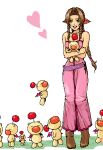  1girl aerith_gainsborough animal_hug boots brown_footwear brown_hair curly_hair dress final_fantasy final_fantasy_vii flying full_body grass green_eyes hair_ribbon hair_tie heart long_dress long_hair lowres moogle no_jacket on_grass open_mouth parted_bangs pink_dress ponytail popochan-f red_ribbon ribbon sidelocks sleeveless sleeveless_dress smile standing 