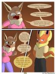  3:4 absurd_res angry anthro belly big_breasts breasts brown_body brown_eyes brown_fur canid canine canis clothed clothing digital_drawing_(artwork) digital_media_(artwork) discussion duo eevee eeveelution elizabeth_venizee english_text female flamberry_(artist) flareon franklin_flare fur generation_1_pokemon hair hi_res male mammal nintendo obese obese_female open_mouth overweight overweight_female pokemon pokemon_(species) simple_background surprised_expression tail text 