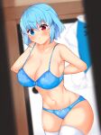  1girl :/ adjusting_bra adjusting_clothes armpit_crease bangs blue_bra blue_eyes blue_hair blue_panties blurry blurry_background blush bra breasts cleavage closed_mouth collarbone commentary_request cowboy_shot daichi_(tokoya) eyebrows_visible_through_hair eyelashes heterochromia highres large_breasts looking_at_viewer navel panties print_bra print_panties red_eyes short_hair shouji sideboob sliding_doors solo standing stomach tatara_kogasa thighhighs thighs touhou underwear white_legwear 