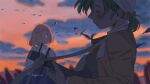  2girls amber389 bird blush closed_eyes cloud cloudy_sky earrings green_hair hair_ribbon hat hatsuseno_alpha highres instrument jacket jewelry medium_hair multiple_girls music necktie orange_sky pink_hair playing_instrument ribbon shirt short_hair sky smile takatsu_kokone upper_body yellow_jacket yokohama_kaidashi_kikou 