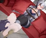 1girl 1other ^_^ absurdres arlecchino_(genshin_impact) arms_behind_back bdsm black_hair black_pants blue_bra bondage bound bra breasts cleavage closed_eyes commentary_request couch dutch_angle genshin_impact grey_hair grey_jacket hair_between_eyes highres jacket multicolored_hair no_shoes open_clothes open_jacket pants pantyhose pillow rope short_hair sitting solo_focus streaked_hair tape tickling underwear yuehei_dao 