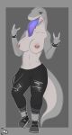  absurd_res almy anthro azzie black_clothing blue-tongued_skink blue_tongue boots breasts choker claws clothed clothing devil_horns_(gesture) female footwear gesture hi_res jewelry lizard necklace nipple_piercing nipples partially_clothed piercing reptile scalie skink solo tongue 