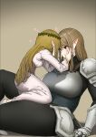  2girls absurdres armor black_bodysuit blonde_hair blue_eyes blush bodysuit breastplate breasts commentary corset crown dress ear_blush elf eye_contact flying_sweatdrops gauntlets hand_on_another&#039;s_face hand_on_floor heart highres knight large_breasts light_brown_hair long_hair looking_at_another multiple_girls open_mouth original pauldrons pelvic_curtain pointy_ears pout princess shoulder_armor sidelocks sitting size_difference small_breasts sweatdrop swept_bangs thick_thighs thighs uru_(uru0000) very_long_hair white_dress yuri 
