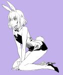  1boy animal_ears bow bowtie crossdressing detached_collar fake_animal_ears fake_tail high_heels highres honebami_toushirou kneeling male_focus male_playboy_bunny mizuhara_aki monochrome otoko_no_ko purple_background rabbit_ears rabbit_tail tail touken_ranbu 