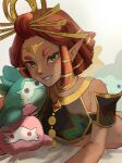  1girl blue_lips circlet crop_top dark-skinned_female dark_skin gerudo green_eyes highres jewelry lipstick lying makeup medium_hair mia_ru1228 neck_ring on_stomach parted_lips pointy_ears red_hair riju smile stuffed_toy the_legend_of_zelda the_legend_of_zelda:_tears_of_the_kingdom thick_eyebrows white_background 