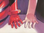  1boy 1girl artist_request black_pants bodysuit close-up hand_focus ikari_shinji interlocked_fingers neon_genesis_evangelion pants pilot_suit plugsuit red_bodysuit sitting souryuu_asuka_langley third-party_source 