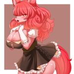  1:1 2023 anthro big_breasts black_clothing black_dress breasts canid chest_tuft clothing dress female fur hair hi_res hikyou_takarasou mammal open_mouth red_body red_eyes red_fur red_hair simple_background solo tail tuft 