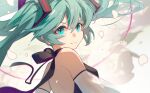  1girl aqua_eyes aqua_hair detached_sleeves floral_background hatsune_miku highres hua_ben_wuming long_hair looking_at_viewer neck_ribbon ribbon smile solo twintails vocaloid 
