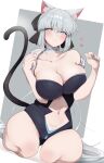 1girl absurdres animal_ears black_bow black_leotard blue_eyes blush bow braid breasts cat_ears cat_tail choker cleavage fate/grand_order fate_(series) french_braid grey_hair hair_bow highres large_breasts leotard long_hair looking_at_viewer masini-mashini615 morgan_le_fay_(fate) ponytail seiza sidelocks sitting solo tail thighs very_long_hair 