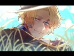  1boy black_coat blonde_hair blue_eyes blue_shirt close-up coat crossed_arms dated emase_(foxmoon) grass letterboxed light_smile male_focus on_grass one_piece sabo_(one_piece) scar scar_on_face shirt short_hair signature sky solo 