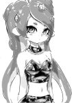  1girl bare_shoulders breasts choker cleavage crop_top highres koharu2.5 long_hair medium_breasts monochrome navel octoling octoling_girl octoling_player_character simple_background solo splatoon_(series) strapless suction_cups tentacle_hair very_long_hair white_background 