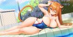  1girl ;q absurdres animal_ear_fluff animal_ears bangs bare_arms bare_legs blue_swimsuit blush breasts brown_eyes brown_hair cat_ears cat_girl cat_tail chain-link_fence cleavage closed_mouth commentary covered_navel day english_commentary feet_out_of_frame fence hair_between_eyes halterneck heart highres huge_breasts long_hair looking_at_viewer lying niliu_chahui nyan on_side one-piece_swimsuit one_eye_closed original outdoors poolside smile solo swimsuit tail tongue tongue_out wet 