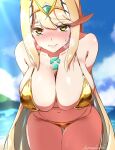  1girl absurdres beach bikini blonde_hair blue_sky blush breasts cleavage commentary_request core_crystal_(xenoblade) gold_bikini highres kanuici336 large_breasts long_hair looking_at_viewer mythra_(xenoblade) navel ocean outdoors parted_lips shiny_skin signature sky solo swept_bangs swimsuit thigh_gap tiara very_long_hair xenoblade_chronicles_(series) xenoblade_chronicles_2 yellow_eyes 