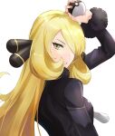  1girl arm_up bangs black_coat blonde_hair breasts coat commentary_request cynthia_(pokemon) eyelashes fur-trimmed_coat fur_trim hair_ornament hair_over_one_eye highres holding holding_poke_ball hsin long_hair long_sleeves looking_at_viewer looking_back parted_lips poke_ball pokemon pokemon_(game) pokemon_dppt simple_background smile solo ultra_ball upper_body white_background yellow_eyes 