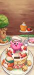  :d absurdres cake chef_hat cupcake food food_focus fruit hat highres holding icing kirby kirby_(series) no_humans on_food pastry plate rtb_(jbsb8423) smile strawberry tomato tree waddle_dee 
