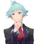  1boy bangs black_jacket blue_eyes closed_mouth collared_shirt commentary_request glint green_hair hand_up highres hsin jacket jewelry long_sleeves male_focus necktie pokemon pokemon_(game) pokemon_oras red_necktie ring shiny shiny_hair shirt short_hair simple_background smile solo sparkle steven_stone upper_body white_background white_shirt 
