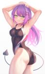  1girl absurdres aoi_zerii armpits ass black_one-piece_swimsuit breasts colored_inner_hair competition_swimsuit demon_girl demon_wings green_eyes hair_ornament highres hololive long_hair medium_breasts multicolored_hair one-piece_swimsuit pink_hair presenting_armpit purple_hair smile swept_bangs swimsuit tail tail_ornament thighs tokoyami_towa virtual_youtuber wings x_hair_ornament 
