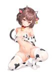  1girl absurdres animal_collar animal_ear_hairband animal_ears animal_print armpit_crease ass_visible_through_thighs bell bikini black_tail breast_lift breasts brown_hair cat_ear_hairband cat_ears cat_tail closed_mouth collar collarbone commentary_request commission cow_ears cow_print cow_print_bikini cow_print_gloves cow_print_thighhighs cowbell ear_tag elbow_gloves fake_animal_ears gloves hair_flaps hairband hands_on_own_breasts head_tilt highres keibeam kneeling korean_commentary licking_lips light_blush looking_at_viewer micro_bikini mole mole_on_thigh mole_under_eye navel neck_bell no_shoes original print_bikini print_gloves print_thighhighs prunechi red_collar red_eyes short_hair simple_background small_breasts smile solo squatting stomach swimsuit tail thighhighs tongue tongue_out white_background 