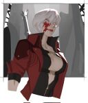  1girl ambiguous_gender blood blood_on_face blue_eyes breasts cleavage coat curvy dante_(devil_may_cry) devil_may_cry_(series) devil_may_cry_4 genderswap genderswap_(mtf) glowing glowing_eyes highres large_breasts lips lipstick looking_at_viewer makeup mature_female navel realistic red_lips solo upper_body vivoevitale white_hair 