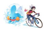  1boy beanie bicycle brendan_(pokemon) fins full_body hat highres holding holding_poke_ball mudkip open_mouth pengfalcon poke_ball poke_ball_(basic) pokemon pokemon_(creature) pokemon_rse red_eyes solid_oval_eyes sparkle v-shaped_eyebrows water white_footwear 