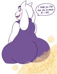 anthro big_butt blush boss_monster_(undertale) bovid brap brown_fart_cloud butt caprine clothing dialogue drawful-s fart female floppy_ears fur goat hi_res mammal pink_tongue purple_clothing purple_robe purple_speech_bubble purple_text robe simple_background snout solo sound_effects speech_bubble text thick_thighs tongue toriel undertale_(series) vowelless vowelless_sound_effect white_background white_body white_fur