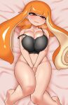  1girl bare_shoulders barefoot bed_sheet black_bra blunt_bangs blush bottomless bra breasts cleavage collarbone commentary covering_crotch covering_privates embarrassed feet_out_of_frame groin heavy_breathing highres inkling inkling_girl inkling_player_character large_breasts long_hair looking_down lying navel on_back open_mouth orange_hair pero_(pero7762) pointy_ears red_eyes solo splatoon_(series) stomach strap_slip sweat symbol-only_commentary tentacle_hair twintails underwear very_long_hair 