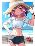  1girl abyssal_ship beach blush closed_mouth collarbone cowboy_shot day enemy_lifebuoy_(kancolle) grey_shorts hat kantai_collection kunashiri_(kancolle) looking_at_viewer mizoki_kei navel ocean outdoors pink_hair shirt short_hair short_sleeves shorts straw_hat two_side_up white_shirt yellow_eyes 