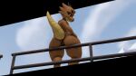  3d_(artwork) absurd_res anus big_butt blep butt digital_media_(artwork) female flat_chested genitals gplankm7 hi_res horn kobold looking_at_viewer nude outside pussy railing reptile scales scalie sitting solo tail thick_thighs tongue tongue_out 