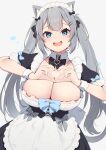 1girl :d absurdres animal_ears apron black_bow black_bowtie blue_eyes bow bowtie breasts cat_ears cat_girl cleavage fang grey_background grey_hair heart heart_hands highres hinata_(user_rjkt4745) large_breasts long_hair looking_at_viewer maid maid_apron maid_headdress open_mouth original short_sleeves simple_background skin_fang smile twintails white_apron 