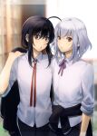  2boys ahoge black_hair blurry blurry_background clothes_around_waist collared_shirt honebami_toushirou male_focus mizuhara_aki multiple_boys namazuo_toushirou purple_eyes shirt silver_hair sleeves_rolled_up touken_ranbu upper_body 