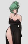  1girl alternate_breast_size arm_under_breasts bare_shoulders black_dress black_gloves breasts choker cleavage closed_mouth collarbone cowboy_shot curly_hair curvy dress earrings elbow_gloves eyelashes gloves green_eyes green_hair grey_background head_tilt highres jewelry large_breasts looking_at_viewer omiza_somi one-punch_man ponytail ribbon_choker short_hair side_slit simple_background solo strapless strapless_dress tatsumaki wide_hips 