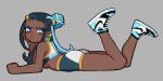  1girl :t alternate_footwear bike_shorts black_hair blue_eyes blue_eyeshadow blue_hair breasts closed_mouth commentary dark-skinned_female dark_skin earclip earrings eyeshadow full_body grey_background hair_bun highres hoop_earrings jewelry legs_up long_hair looking_back lying makeup multicolored_hair nessa_(pokemon) on_stomach pokemon pokemon_(game) pokemon_swsh shoes slammo sneakers solo two-tone_hair 