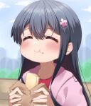  1girl ^_^ absurdres black_hair blush closed_eyes day eating flower food food_on_face hair_flower hair_ornament highres holding holding_food long_hair outdoors poa_mellhen shirosaki_hana smile solo watashi_ni_tenshi_ga_maiorita! 