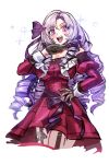  1girl bare_shoulders black_gloves breasts collarbone cowboy_shot dress drill_hair garter_straps gloves hyakumantenbara_salome hyakumantenbara_salome_(1st_costume) large_breasts long_hair minster_(dooke) nijisanji ojou-sama_pose purple_eyes purple_hair red_dress red_sleeves simple_background solo sparkle strapless strapless_dress virtual_youtuber white_background 