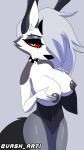  anthro biped black_nose breasts canid canid_demon canine clothed clothing collar countershade_torso countershading demon fake_ears fake_rabbit_ears female fur grey_body grey_eyes grey_fur hellhound helluva_boss hi_res loona_(helluva_boss) mammal nipples playboy_outfit red_sclera solo spiked_collar spikes topless topless_anthro topless_female vash_art white_body white_fur 